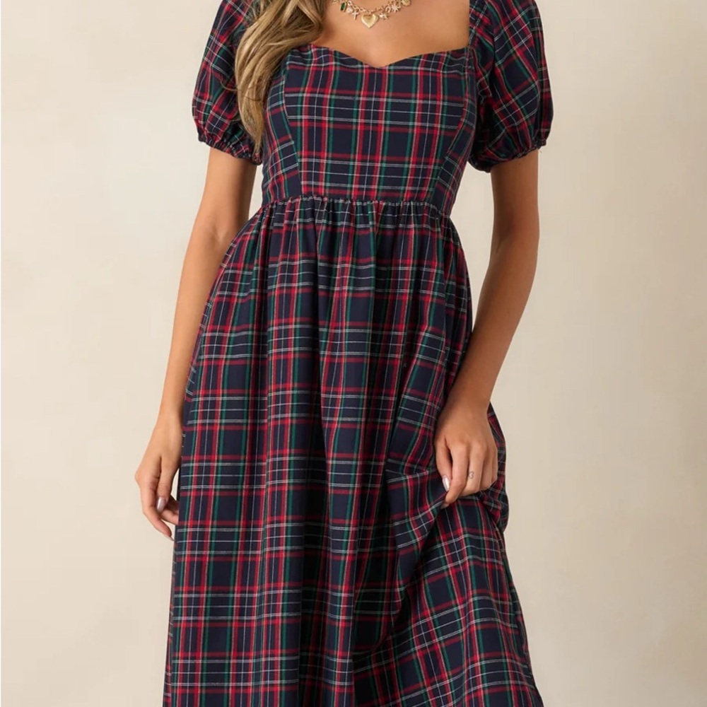 COTTON NAVY PLAID PUFF SLEEVE MIDI DRESS